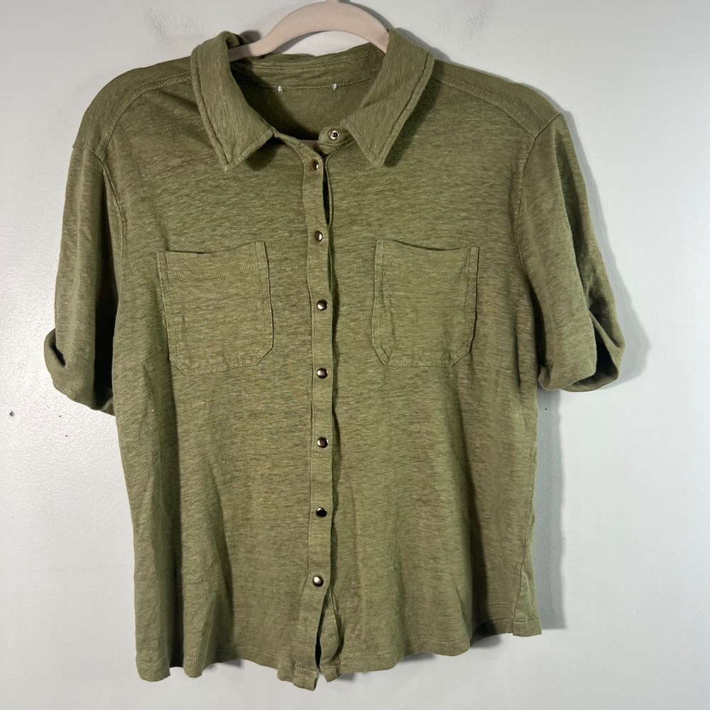 Olive Green 100% Linen Short Sleeve Button Down Snap Shirt OJM0712028SF
